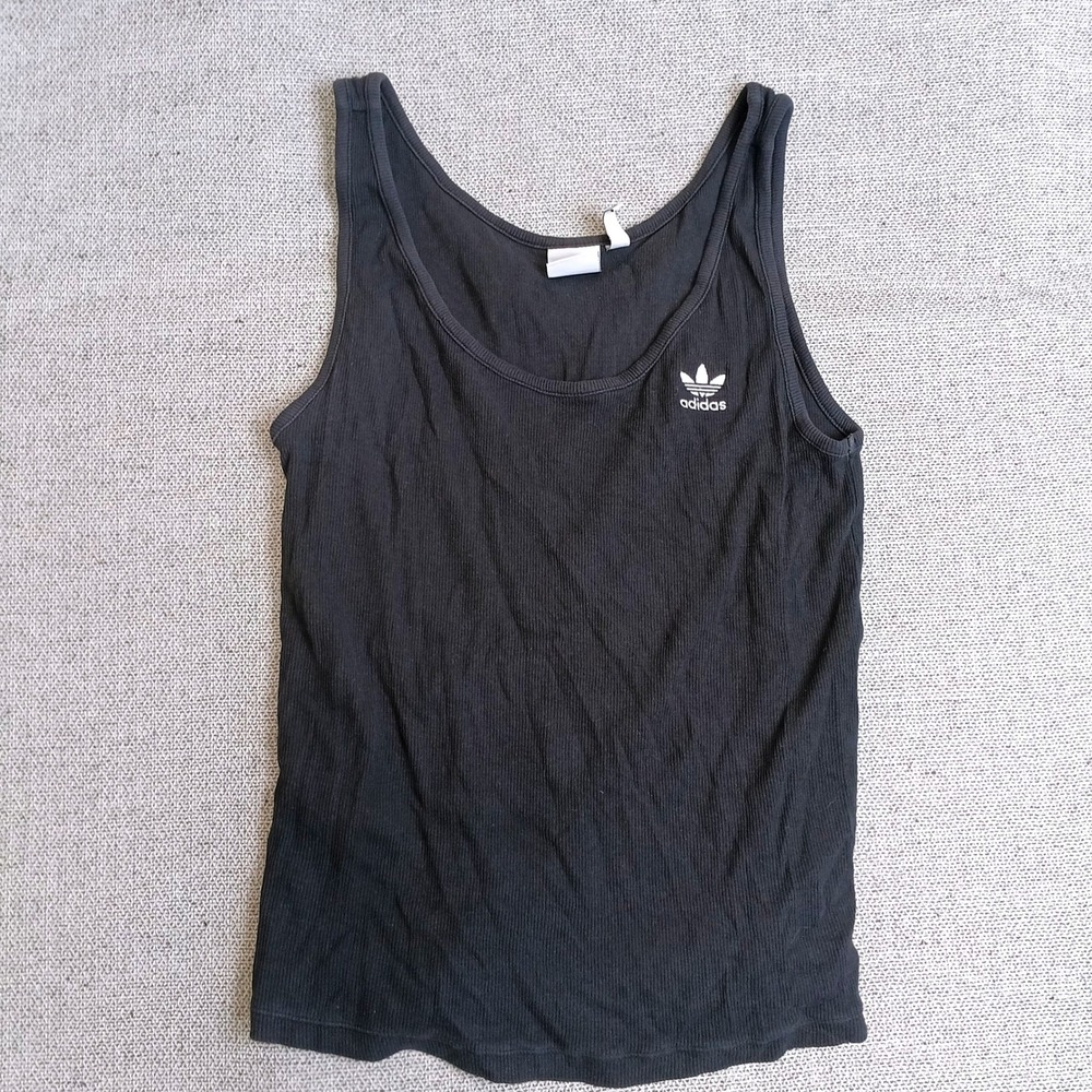 Adidas Tank Top Womens Medium Black Excellent Ribbed Trefoil Logo Scoop Neck